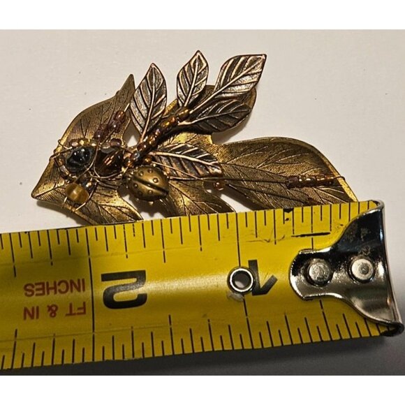 Vintage Brooch Gold-Tone Leaf W/ Ladybug & Beaded Accents Nature Approx. 3 Inch - Picture 3 of 10